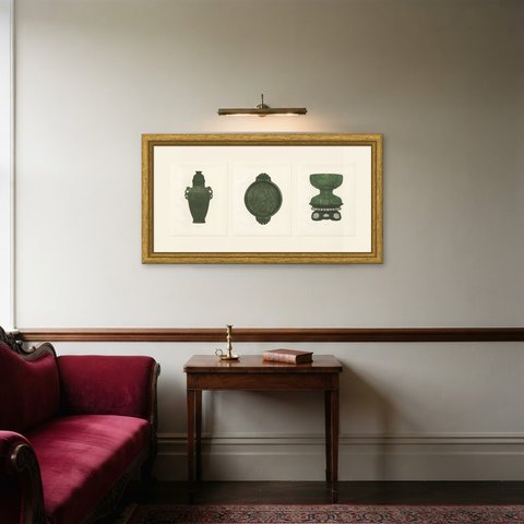 Dark Green Jade Vase, Bowl and Buddha Bowl, Three Kang-he Plates, 1911, shown framed in a room