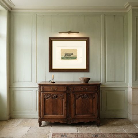 Garonnais Bull, Antique Cattle Print after Isidore Bonheur, 1873, shown framed in a room