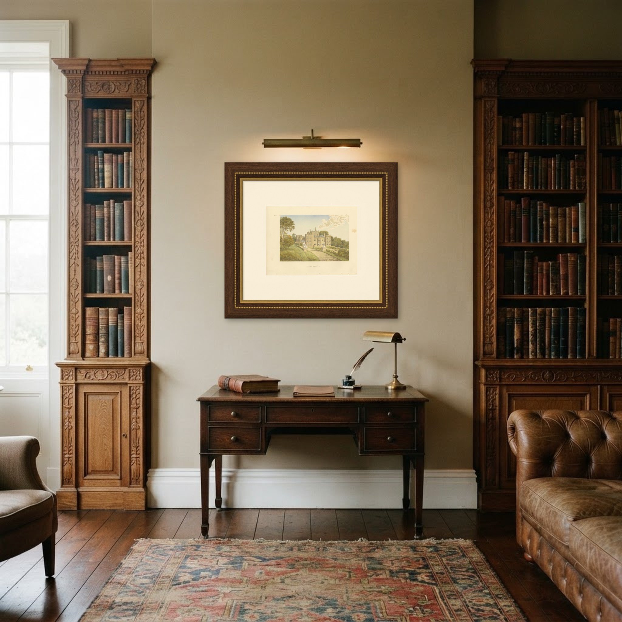 Mount Edgcumbe, Cornwall, Antique Morris Woodblock Print, circa 1870, shown framed in a room
