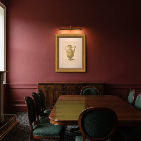 Yellow Glazed Earthenware Ewer, Würzburg, Antique Print, 1851, shown framed in a room