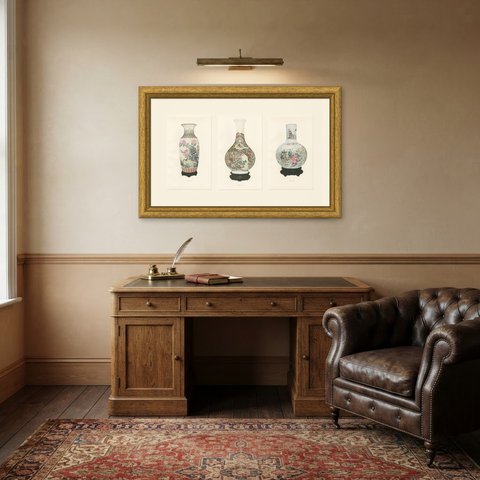 Three Large Famille Rose Vessels, Kien-lung and Yung-ching Plates, 1911, shown framed in a room