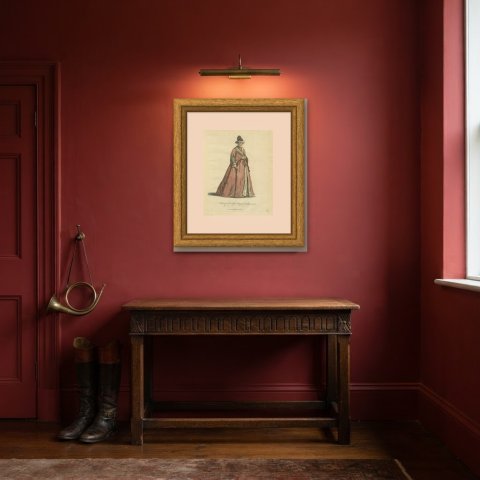 Habit of a Swedish Lady of Quality in 1577, Jefferys Costume Plate, 1757, shown framed in a room