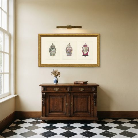 Three Great Famille Rose Jars, Kien-lung and Mille-fleurs Plates, 1911, shown framed in a room
