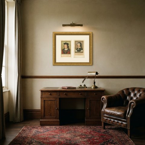 Pair of Antique Royal Portraits, Charles VIII and Louise of Savoy, 1882, shown framed in a room