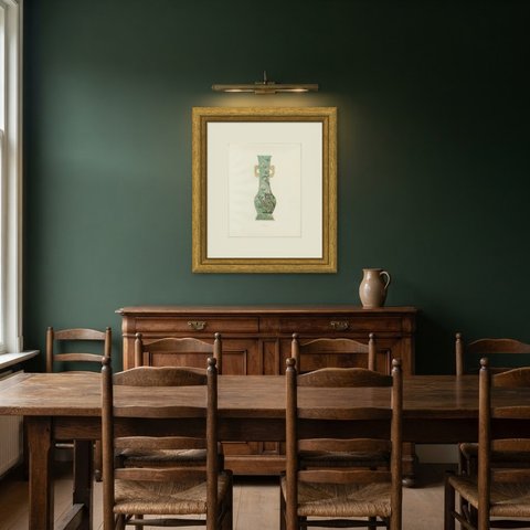 Quadrangular Vase on Pyramidal Base, Delicate Green Ground, Plate 1911, shown framed in a room