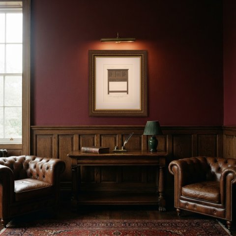German Carved Oak Cabinet, Sixteenth Century, Rüdesheim, Antique Print, 1851, shown framed in a room