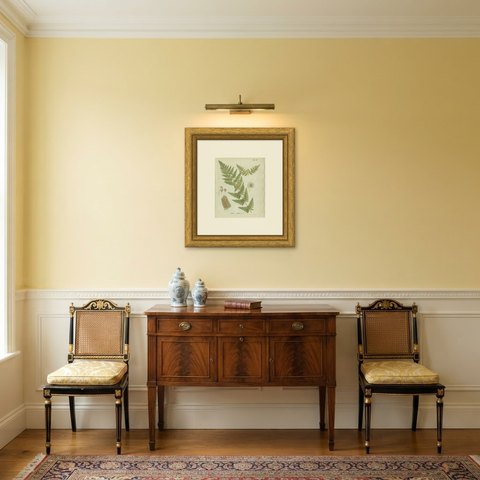 Antique Hand-Colored Fern Engraving by Schkuhr, Crested Buckler Fern, 1806-1809, shown framed in a room