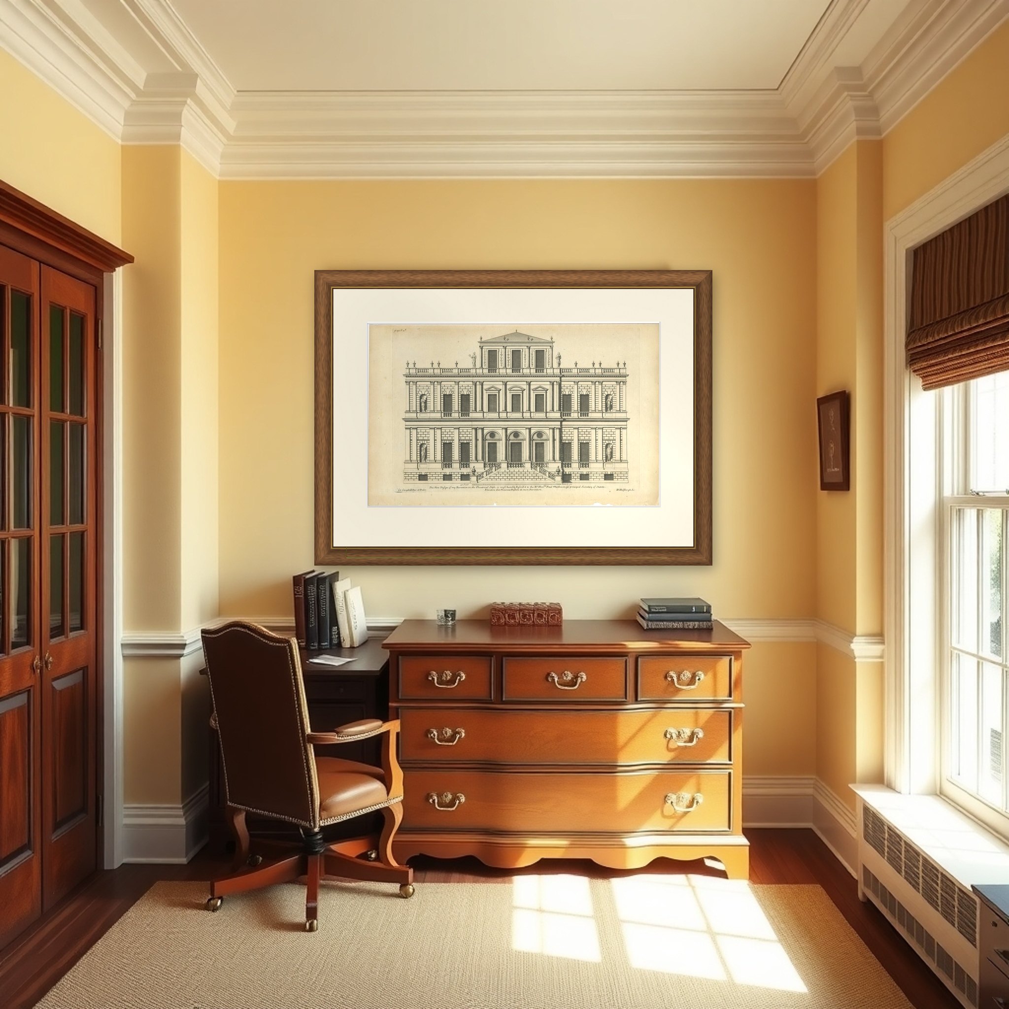 Antique Print of a New Design for Sir Paul Methuen by Campbell, 1725, shown framed in a room