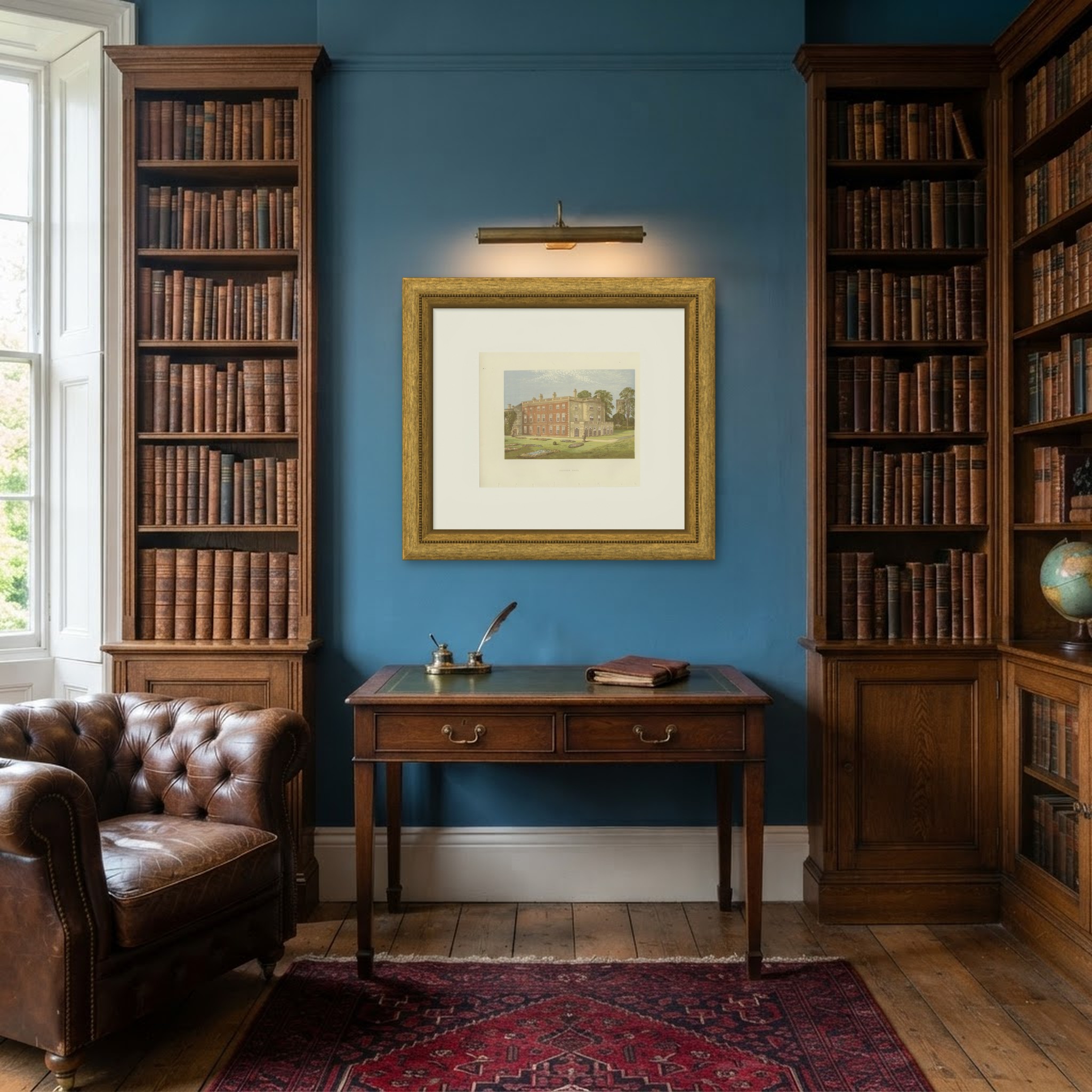 Clifton Hall, Nottinghamshire, Antique Morris Woodblock Print, circa 1870, shown framed in a room