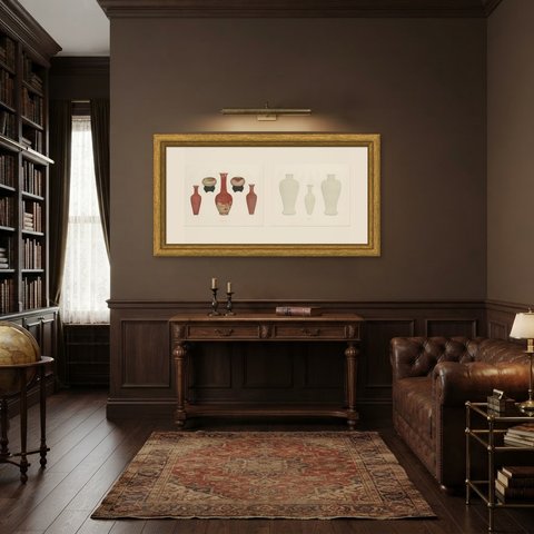 Peach Bloom and Clair de Lune, Two Kang-he Monochrome Plates, 1911, shown framed in a room