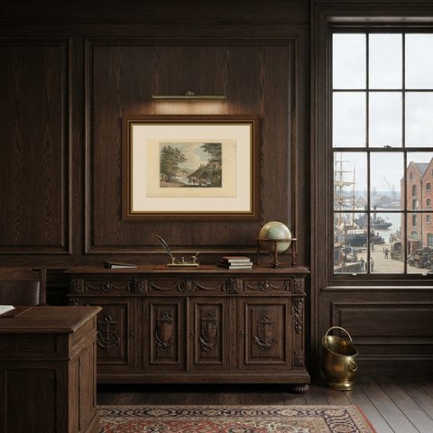 Antique View of Pitesti in Wallachia, Hand Colored Aquatint, 1809, shown framed in a room