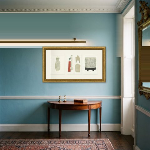 White Jade Vase, Scepter and Brush Cylinder, Three Kien-lung Plates, 1911, shown framed in a room