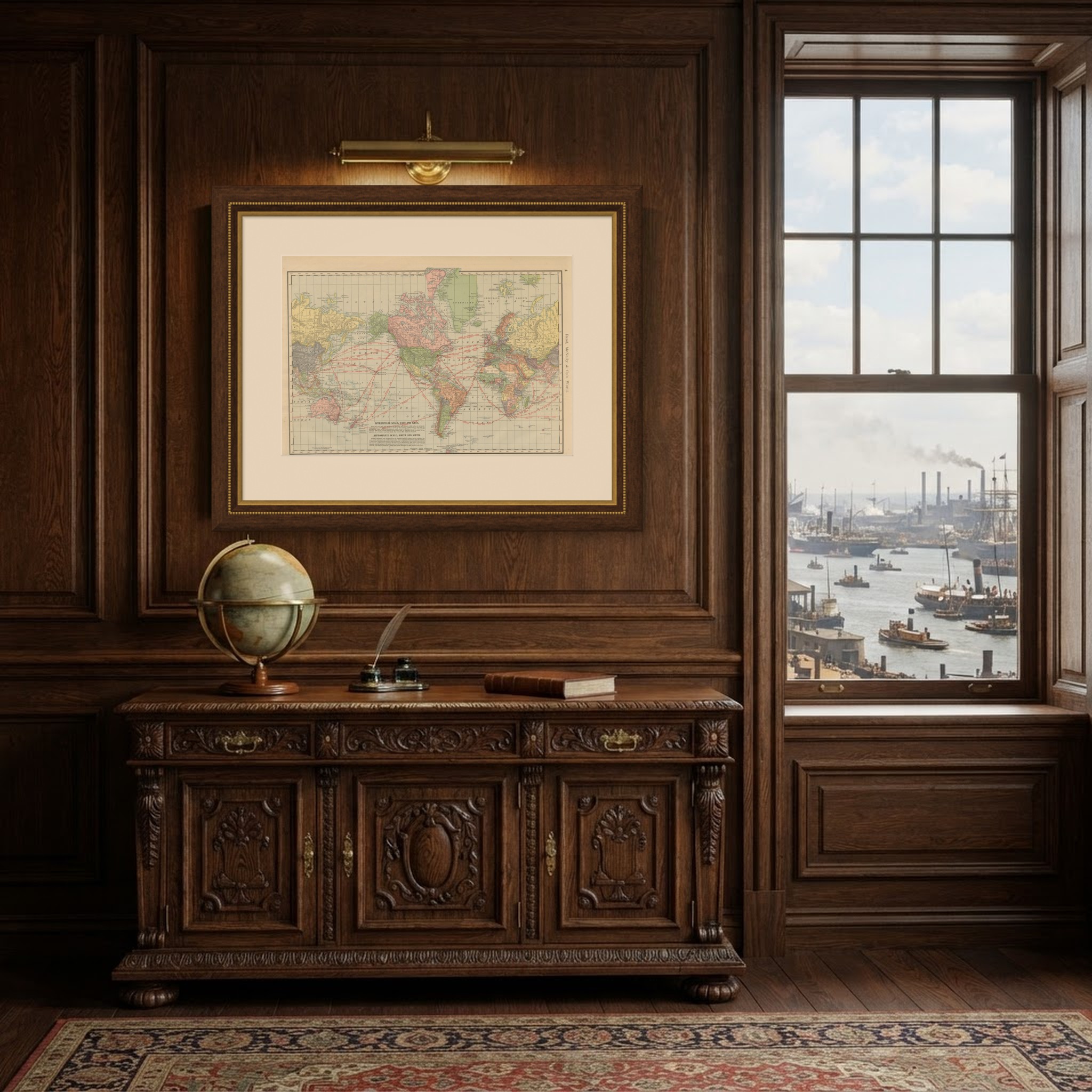 Antique Map of the World, with Steamship Routes, Rand McNally, 1899, shown framed in a room