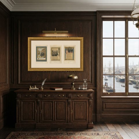 Set of 3 Antique Chromolithographs, Thomassine Spinola of Genoa, 1882, shown framed in a room