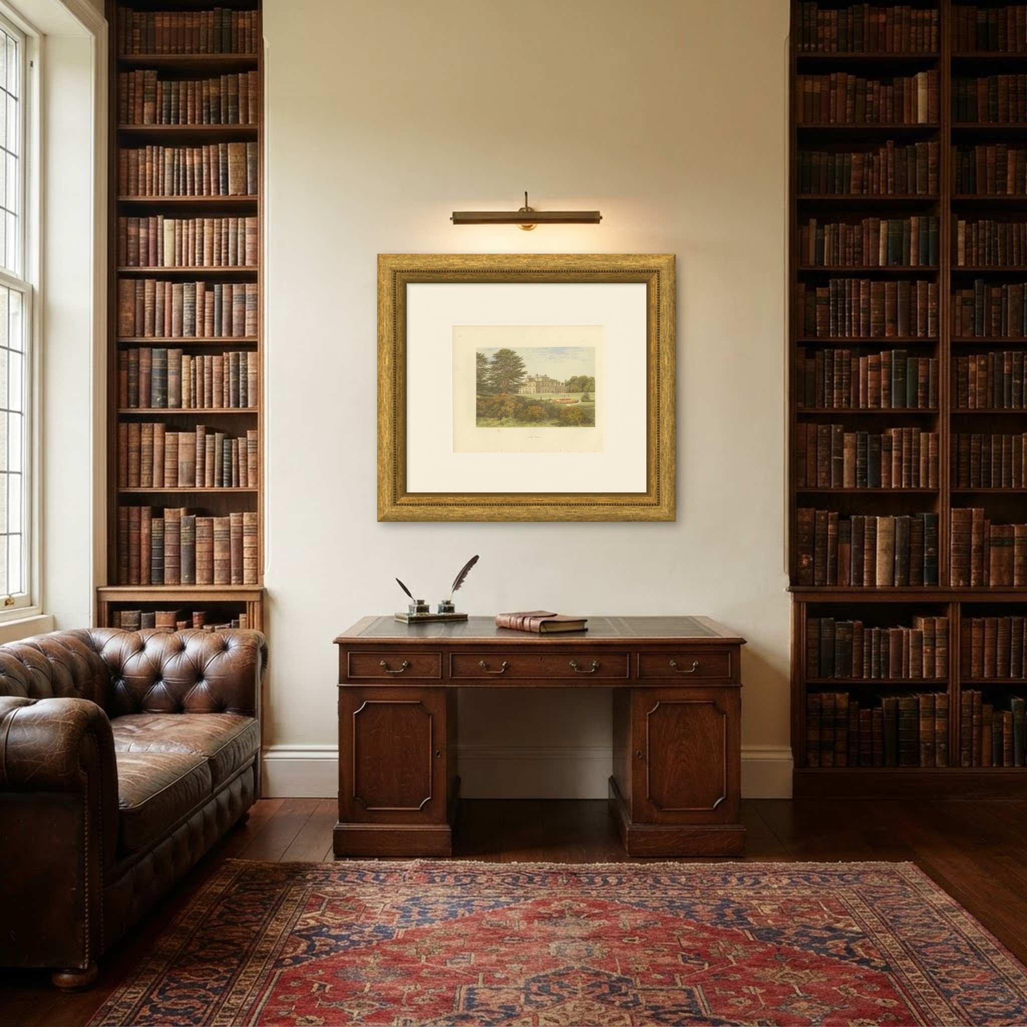 Eden Hall, Cumberland, Antique Morris Woodblock Print, circa 1870, shown framed in a room