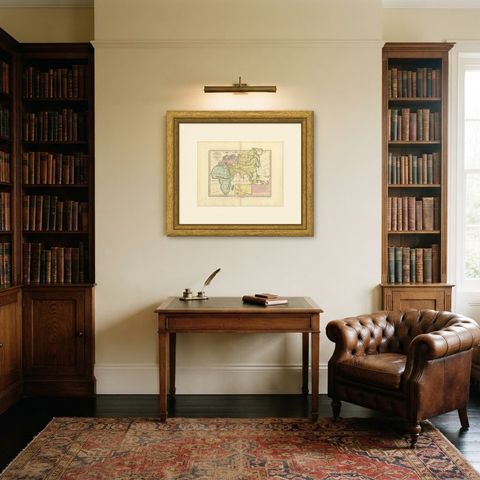 Europe, Asia and Africa After the Flood, Antique Wyld Map, 1823, shown framed in a room