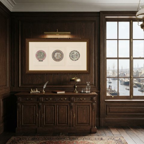 Famille Rose Plates and Dishes, Three Yung-ching Color Plates, 1911, shown framed in a room
