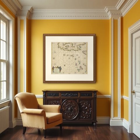 Original Antique Sea Chart - the Northern Part of Hispaniola, Western Cuba, 1684, shown framed in a room