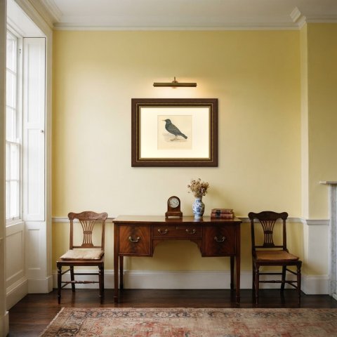 Starling on a Stone Ledge, Hand Colored Wood Engraving, Morris, 1896, shown framed in a room