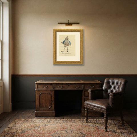 Merchant of Meissen in Fur-Lined Blue Cloak, Costume of 1577, Jefferys 1757, shown framed in a room