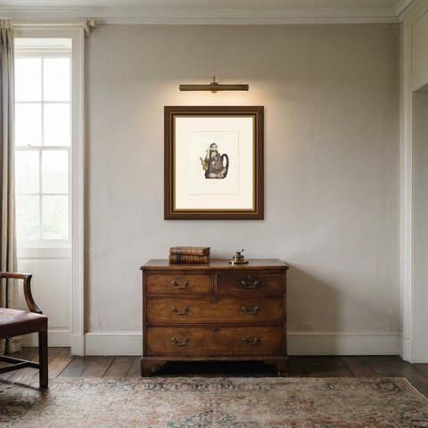 Li T'ieh-kuai Wine Pot, Ming Figure of an Immortal, Antique Plate, 1911, shown framed in a room
