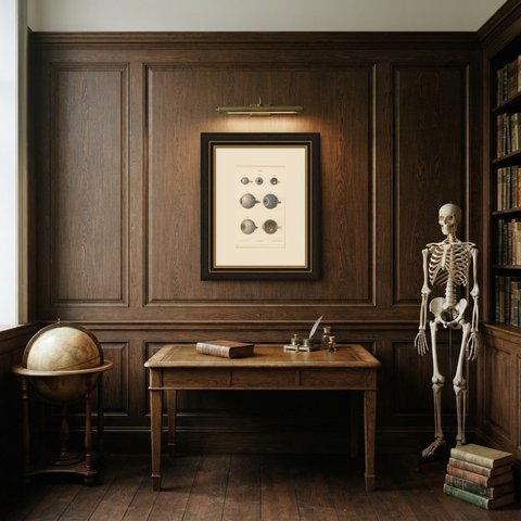 The Eyeball and Its Vessels, Antique Hirschfeld Anatomy Print, 1866, shown framed in a room