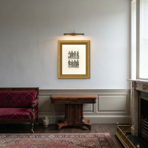 Costume of Salamanca, Leon, Avila and Catalonia, Hand Colored Lithograph, 1842, shown framed in a room