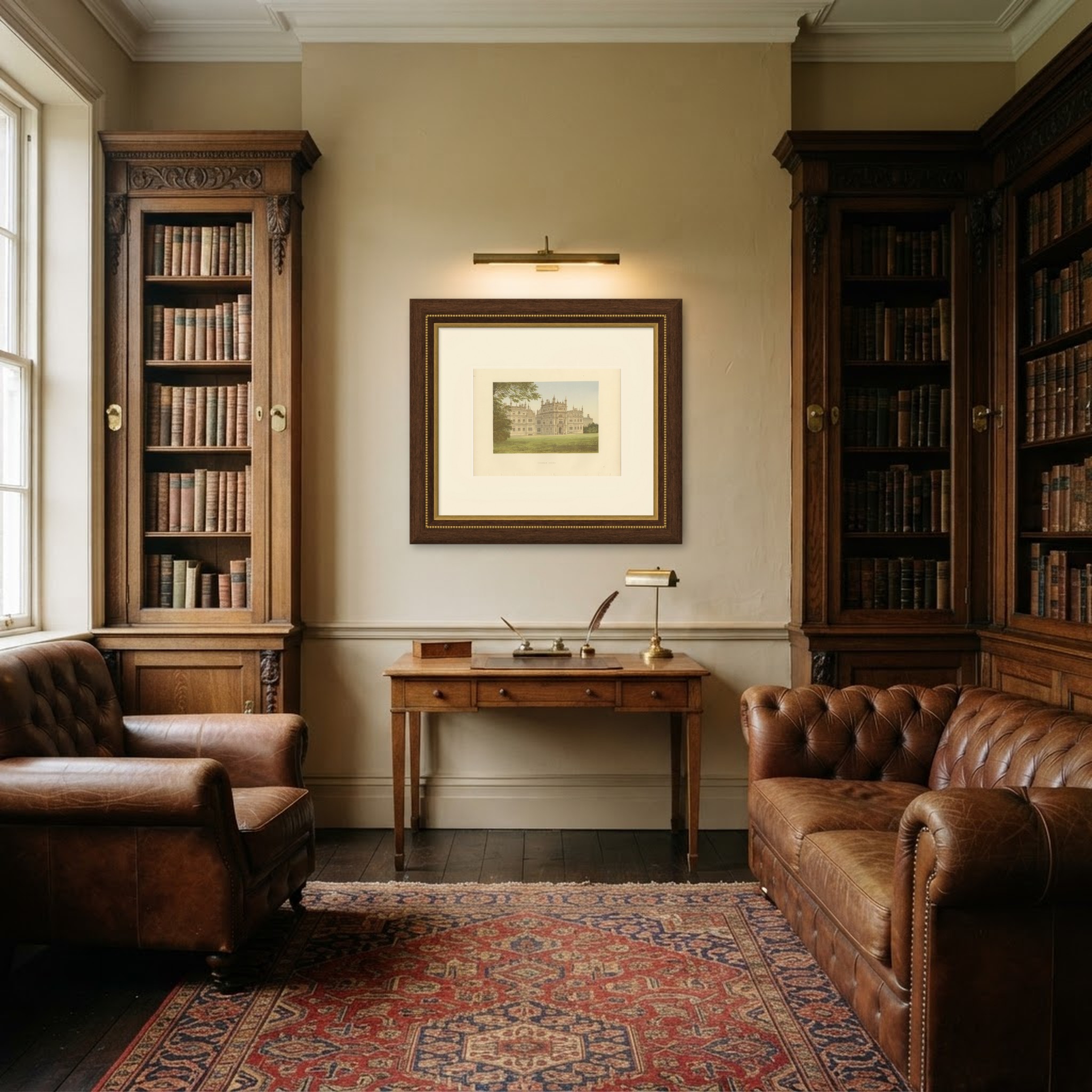 Corsham Court, Wiltshire, Antique Morris Woodblock Print, circa 1870, shown framed in a room