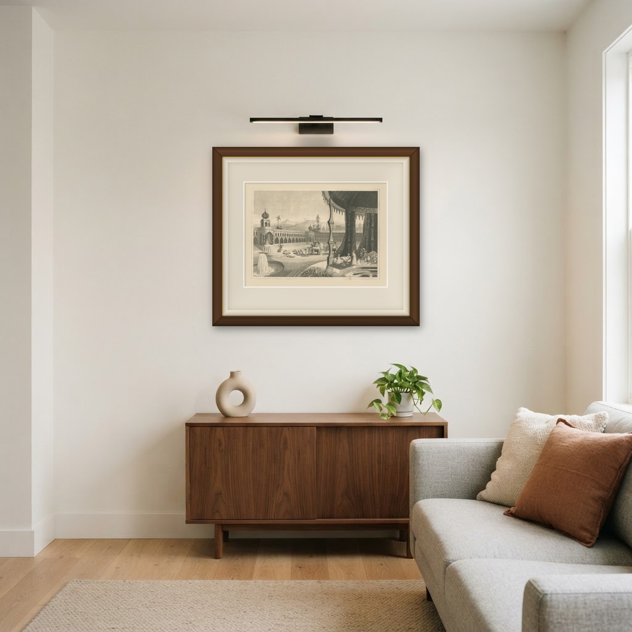 Scene in the East Indies, Offerings to the Great Brahma, Engraving, circa 1820, shown framed in a room