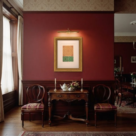 Medieval Floor Tiles, Foliate and Interlaced Patterns, Antique Print, 1851, shown framed in a room