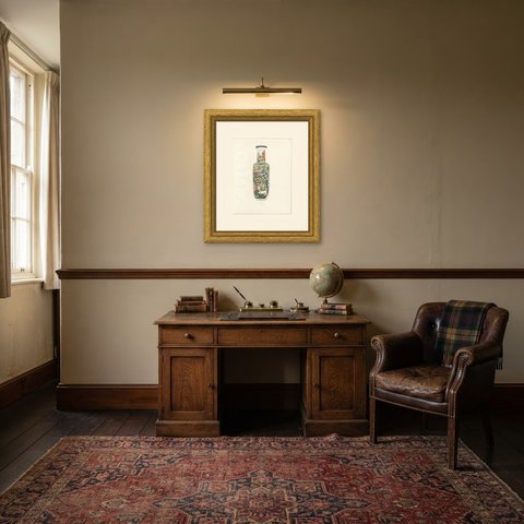 Famille Verte Rouleau Vase with Imperial Reception, Gorer Plate 1911, shown framed in a room