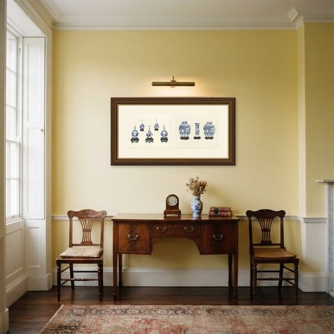 Love's Chase Bottles and a Pavilion Garniture, Two Kang-he Plates, 1911, shown framed in a room