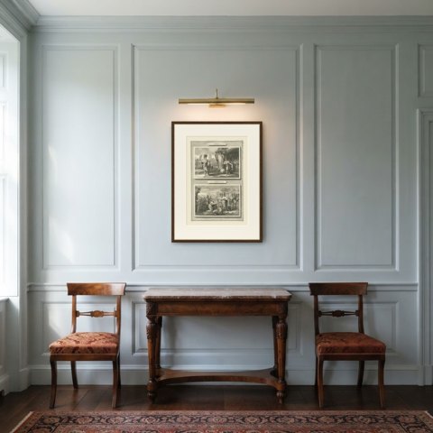 David Spares Saul and Abigail Meets David, Mortier Bible circa 1700, shown framed in a room