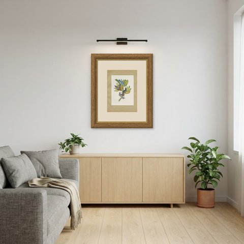 Tanagers on a Banana Plant, Brazilian Bird Print, Descourtilz, 1944, shown framed in a room