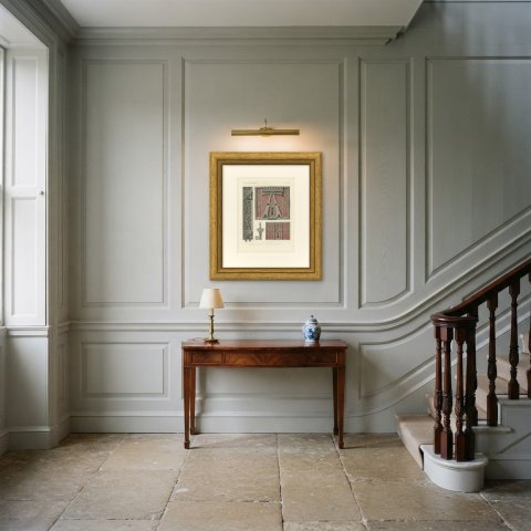 Fifteenth Century Locks, Hinge and Key, Pugin Collection, Antique Print, 1851, shown framed in a room