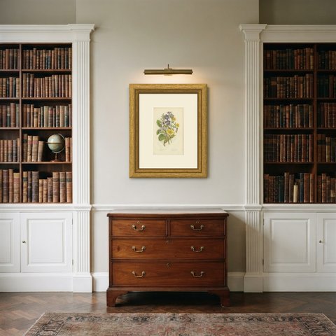 Buckbean, Yellow Wort and Jacob's Ladder, Antique Plate by Pratt, circa 1873, shown framed in a room