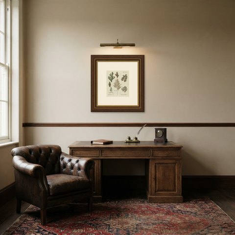 Elegant Antique Hand-Colored Fern Print, Hymenophyllum alatum, 1806-1809, shown framed in a room