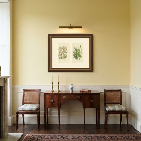 Bog Asphodel and Flowering Rush, Set of 2 Antique Botanical Plates, circa 1873, shown framed in a room