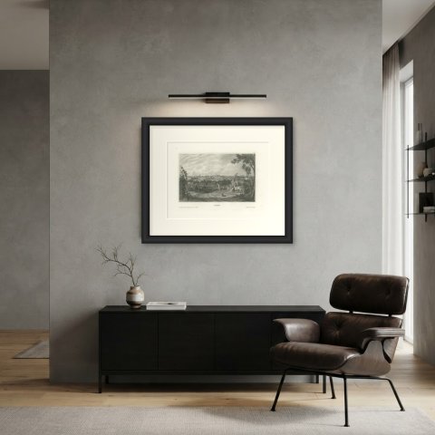 Antique Panoramic View of Madrid from the Gardens, Engraving, circa 1850, shown framed in a room