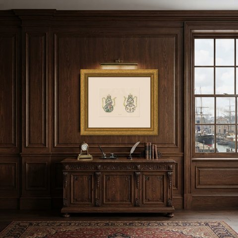 Pair of Gourd Shaped Wine Ewers, Famille Verte, Antique Plate 1911, shown framed in a room