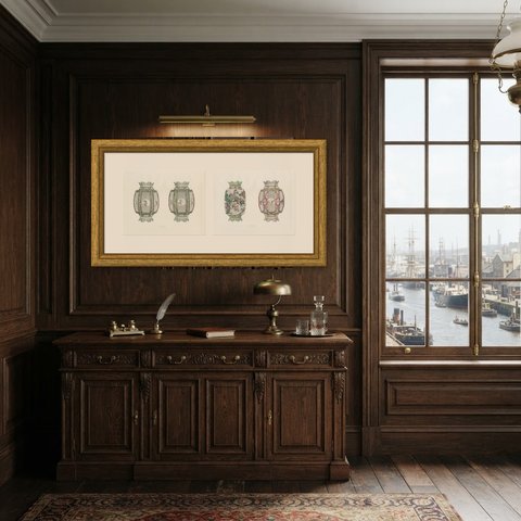 Chinese Egg-shell Porcelain Lanterns, Two Yung-ching Plates, 1911, shown framed in a room