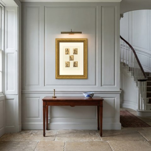 Carved Stall Heads, Vitteaux, Antique Chromolithograph, 1851, shown framed in a room