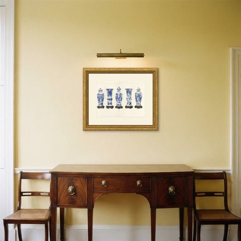 Garniture of Five with the Dancing Girl Design, Kang-he Blue Plate, 1911, shown framed in a room