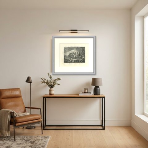 Battle of Bassano, Bonaparte and the Dog, Antique Madou Lithograph, 1827, shown framed in a room
