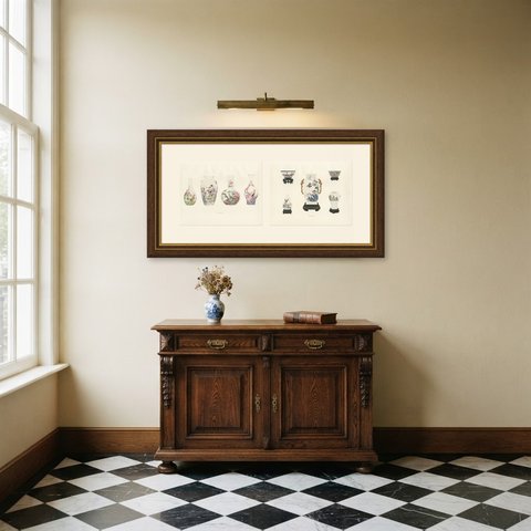 Egg-shell Vases and Bowls with Cocks and Hens, Two Color Plates, 1911, shown framed in a room