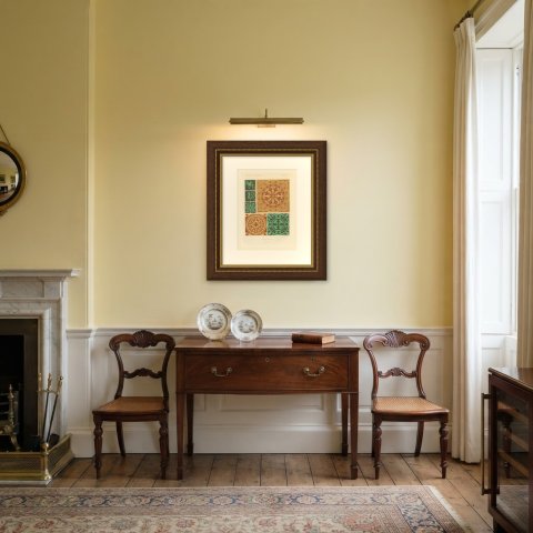 Medieval Floor Tiles, Racinet Design, Antique Print, 1851, shown framed in a room
