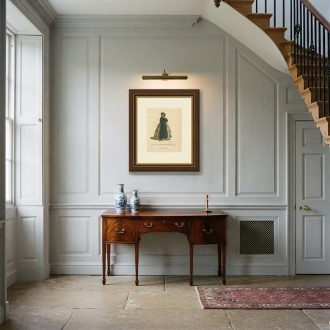 Lady in the Highlands of Scotland in 1745, Tartan Plaid, Jefferys Plate, 1757, shown framed in a room