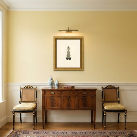 The Porcelain Tower of Nanking, Chinese Ming Model, Antique Color Plate, 1911, shown framed in a room