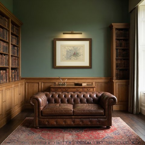 Antique Map of Middlesex and Victorian London with its Railways, 1885, shown framed in a room