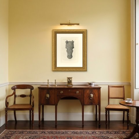 Sixteenth Century Chanfron, Soltykoff Collection, Antique Print, 1851, shown framed in a room